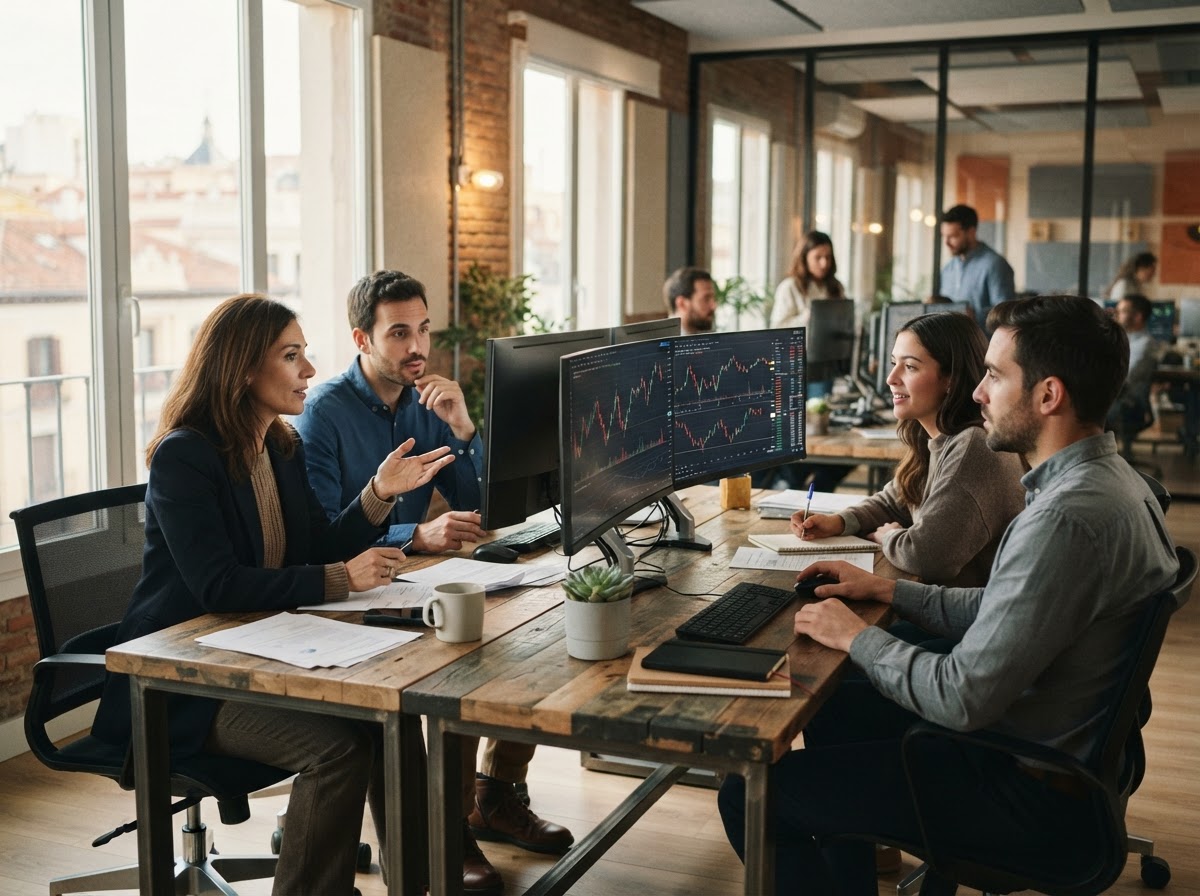 Trader pro equipo técnico analizando modelos de datos financieros